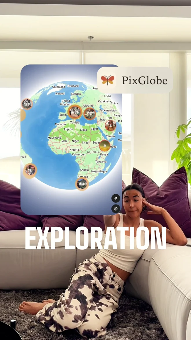 Travel creator Dani Medina demonstrating PixGlobe with an interactive photo globe behind her.