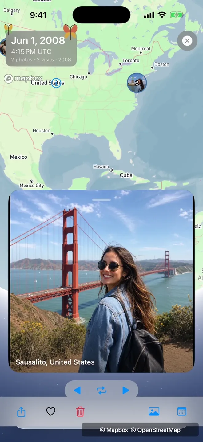 A photograph from Sausalito open on a card over a PixGlobe map of the United States dotted with photo pins.