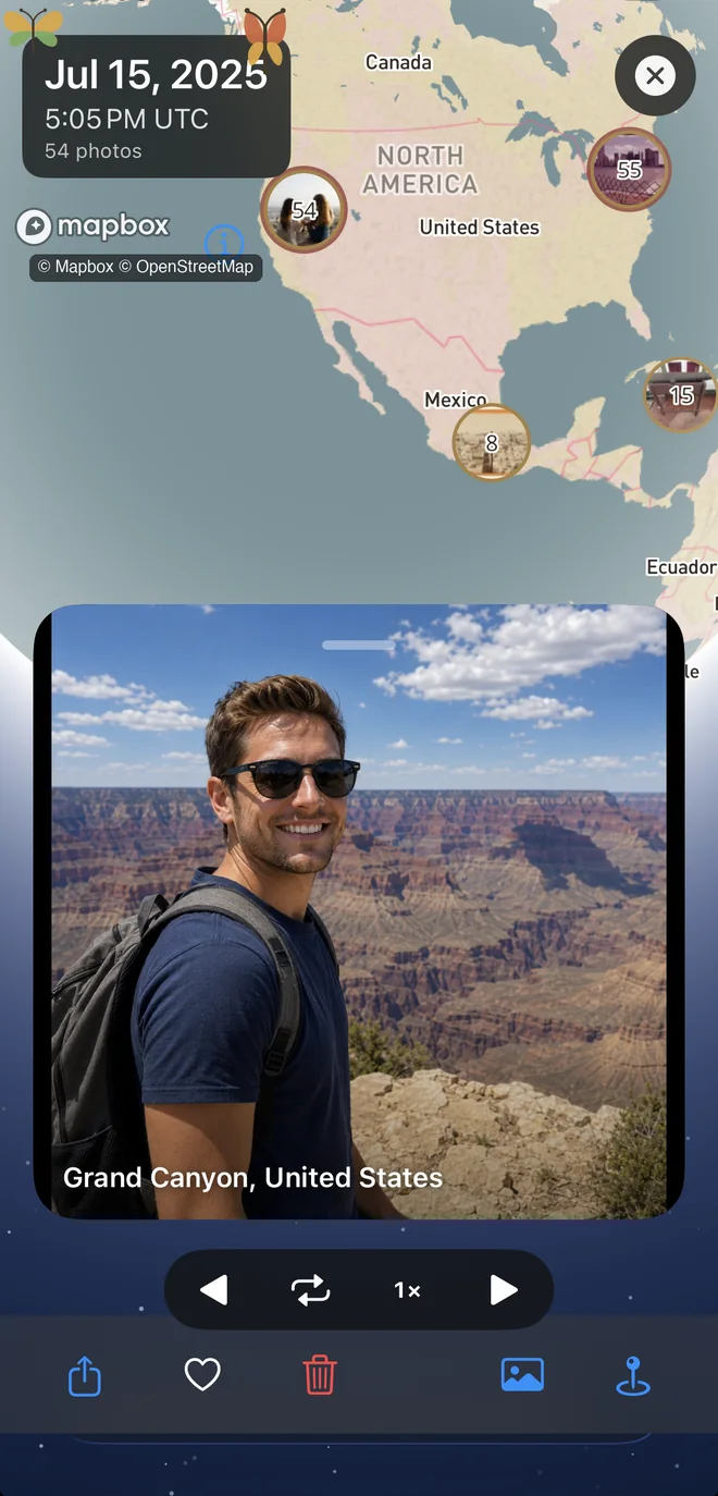 A single photograph open over the globe: a smiling traveller at the Grand Canyon on a card, the date July 15 2025 above it, the place name Grand Canyon, United States along its edge, and the back, loop and forward controls beneath; the Mapbox and OpenStreetMap credit is shown on the map.